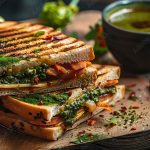 A sandwich with green chutney and chai at spring weather