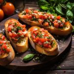 Bruschetta with tomatoes, herbs and oil on toasted garlic cheese bread on a dark wooden table